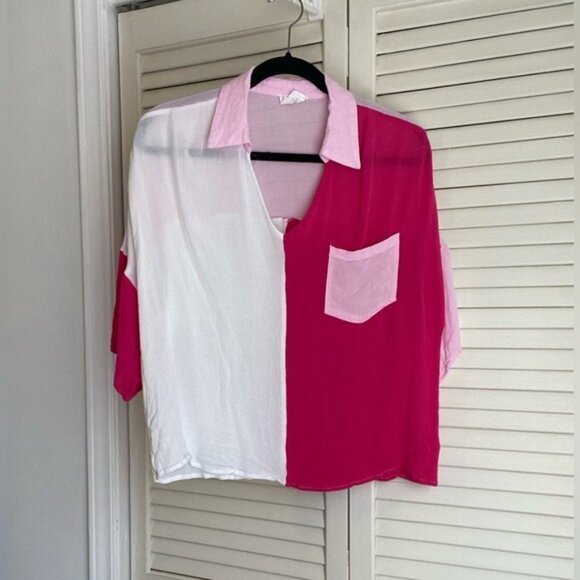Andree By Unit Pink & White Color Block Lightweight Flowy Blouse Size L - Picture 1 of 4